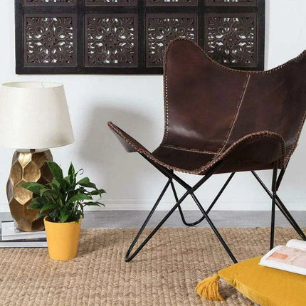 Retro Brown Leather Butterfly Chair with Sturdy Iron Frame for Stylish Comfort - Très Elite