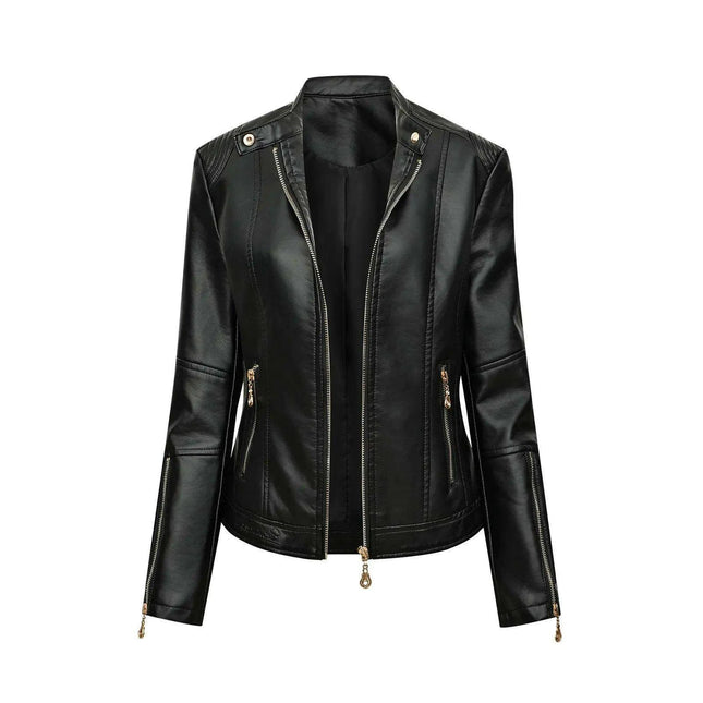 Retro Chic Women's Faux Leather Biker Jacket - Stylish Zip-Up Coat with Elegant Lapel