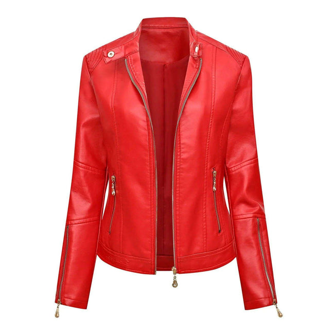 Retro Chic Women's Faux Leather Biker Jacket - Stylish Zip-Up Coat with Elegant Lapel