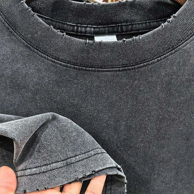 Retro Distressed Oversized Black T-Shirt - Unisex Heavyweight Cotton Urban Fashion
