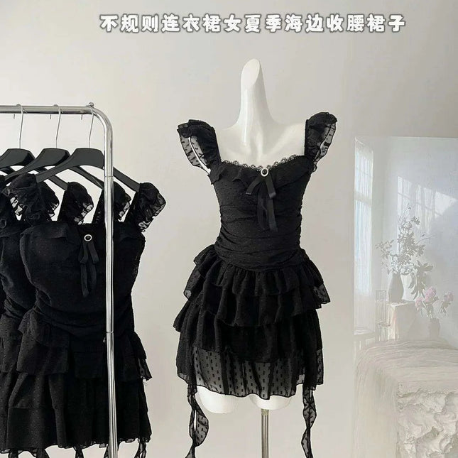 Retro Emo-Inspired Sleeveless A-Line Summer Dress - 90s Gothic Square Neck Mini Frock for Women