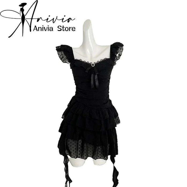 Retro Emo-Inspired Sleeveless A-Line Summer Dress - 90s Gothic Square Neck Mini Frock for Women