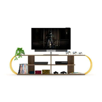 Retro-Inspired 68-Inch Walnut and Yellow Media Stand with Open Shelves by FurnisHome - Très Elite