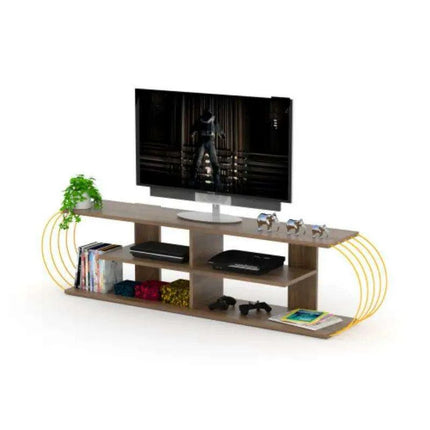 Retro-Inspired 68-Inch Walnut and Yellow Media Stand with Open Shelves by FurnisHome - Très Elite