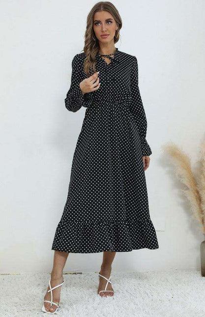 Retro Polka Dot V-Neck Dress with Flattering Tie Waist - Timeless Style