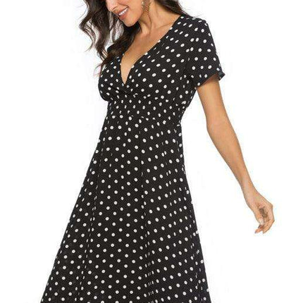 Retro Polka Dot V-Neck Summer Dress with Vintage Flair - Très Elite