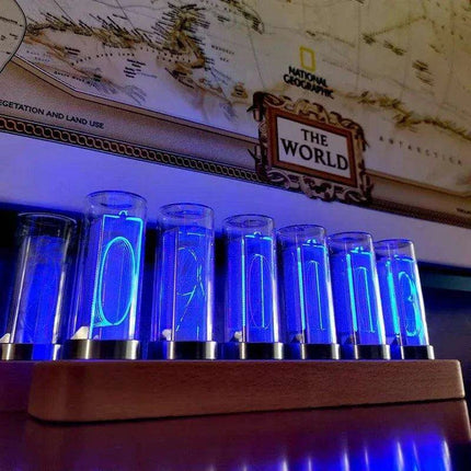 Retro RGB Nixie Tube Clock with Stylish Wooden Base - LED Alarm Timepiece for Unique Desktop Decor and Gifting - Très Elite