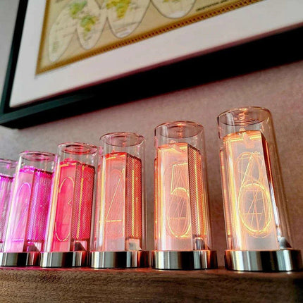 Retro RGB Nixie Tube Clock with Stylish Wooden Base - LED Alarm Timepiece for Unique Desktop Decor and Gifting - Très Elite
