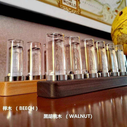 Retro RGB Nixie Tube Clock with Stylish Wooden Base - LED Alarm Timepiece for Unique Desktop Decor and Gifting - Très Elite