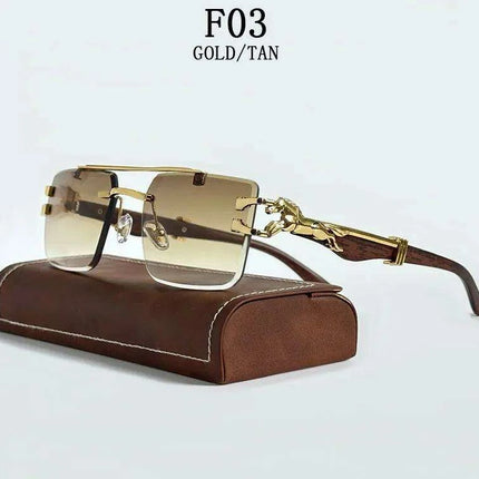 Retro Rimless Sunglasses with Wood Finish and UV Protection - Très Elite