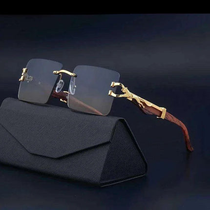 Retro Rimless Sunglasses with Wood Finish and UV Protection - Très Elite