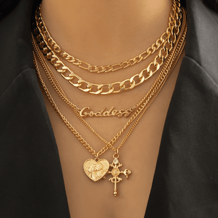Retro multi-layer portrait cross pendant necklace Hip-hop style letter chain necklace