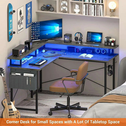 Revolutionary LED L-Shaped Gaming Desk with Innovative Storage Solutions..