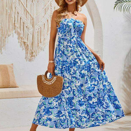 Romantic Floral Halter Maxi Dress with Delicate Ribbon Sleeves - Très Elite