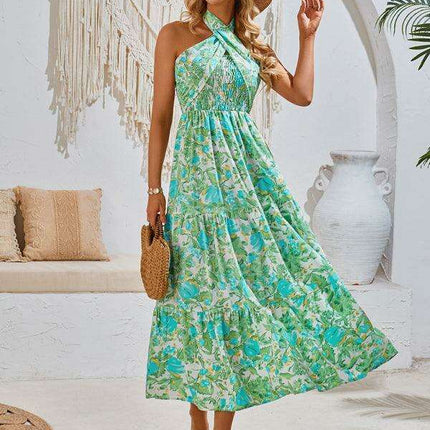 Romantic Floral Halter Maxi Dress with Delicate Ribbon Sleeves - Très Elite