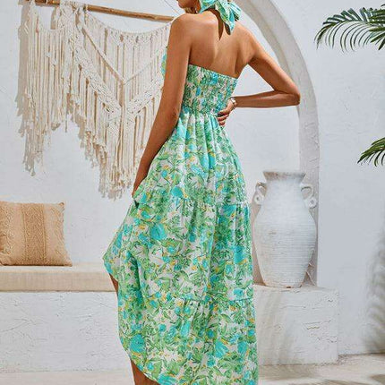 Romantic Floral Halter Maxi Dress with Delicate Ribbon Sleeves - Très Elite