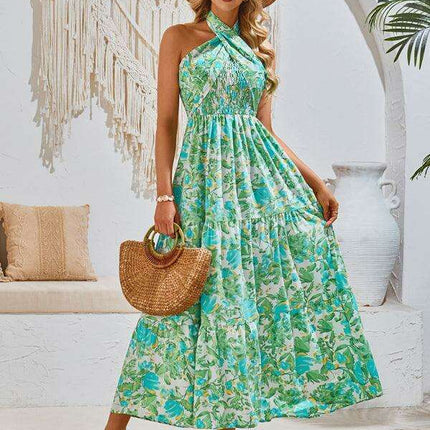 Romantic Floral Halter Maxi Dress with Delicate Ribbon Sleeves - Très Elite