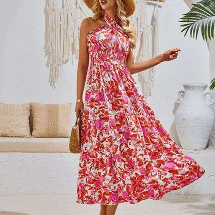 Romantic Floral Halter Maxi Dress with Delicate Ribbon Sleeves - Très Elite