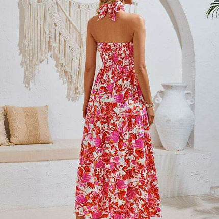 Romantic Floral Halter Maxi Dress with Delicate Ribbon Sleeves - Très Elite