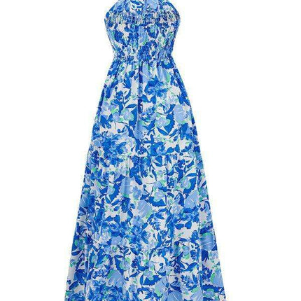 Romantic Floral Halter Maxi Dress with Delicate Ribbon Sleeves - Très Elite