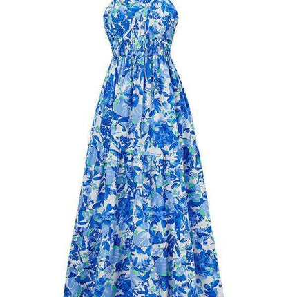 Romantic Floral Halter Maxi Dress with Delicate Ribbon Sleeves - Très Elite