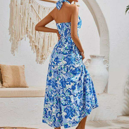 Romantic Floral Halter Maxi Dress with Delicate Ribbon Sleeves - Très Elite