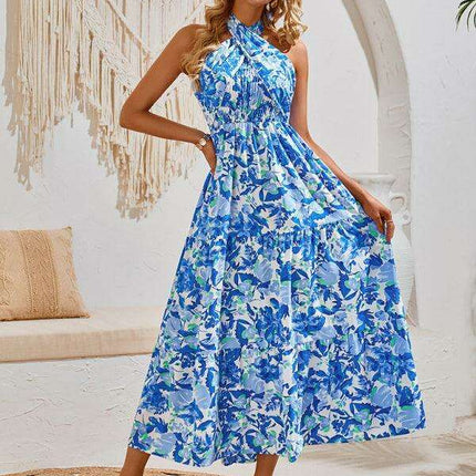 Romantic Floral Halter Maxi Dress with Delicate Ribbon Sleeves - Très Elite