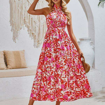 Romantic Floral Halter Maxi Dress with Delicate Ribbon Sleeves - Très Elite