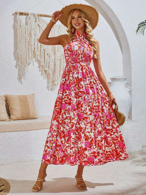 Romantic Floral Halter Maxi Dress with Delicate Ribbon Sleeves