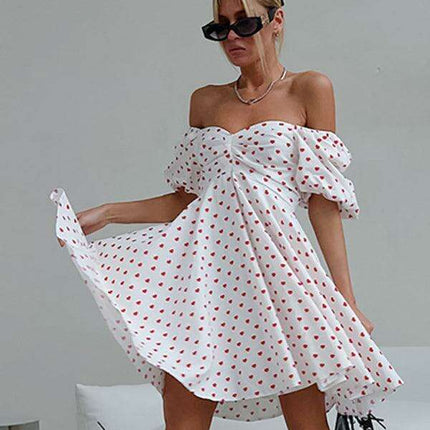Romantic French Love Print Puff Sleeve A-Line Skirt for Spring-Summer - Très Elite