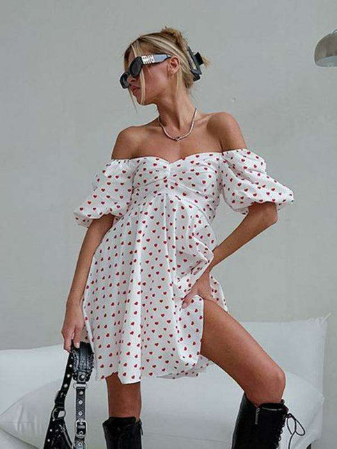 Romantic French Love Print Puff Sleeve A-Line Skirt for Spring-Summer