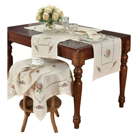Romantic Rose Cross-Stitch Linen Table Runner & Cloth Set - White/Champagne - Très Elite