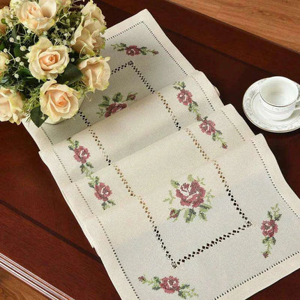 Romantic Rose Cross-Stitch Linen Table Runner & Cloth Set - White/Champagne - Très Elite