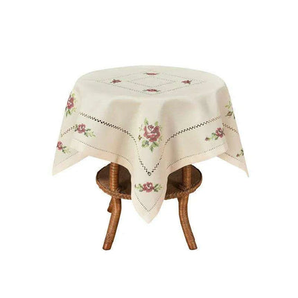 Romantic Rose Cross-Stitch Linen Table Runner & Cloth Set - White/Champagne - Très Elite