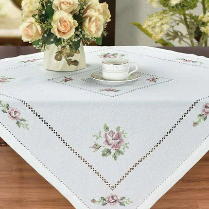 Romantic Rose Cross-Stitch Linen Table Runner & Cloth Set - White/Champagne - Très Elite