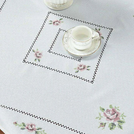 Romantic Rose Cross-Stitch Linen Table Runner & Cloth Set - White/Champagne - Très Elite