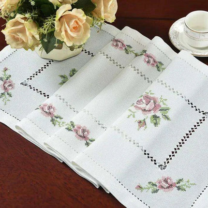 Romantic Rose Cross-Stitch Linen Table Runner & Cloth Set - White/Champagne - Très Elite