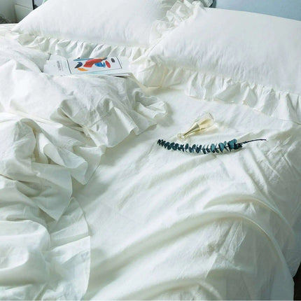 Romantic Vintage White Ruffled King Duvet Cover Set - 100% Cotton Lace Bedding 4pcs - Très Elite