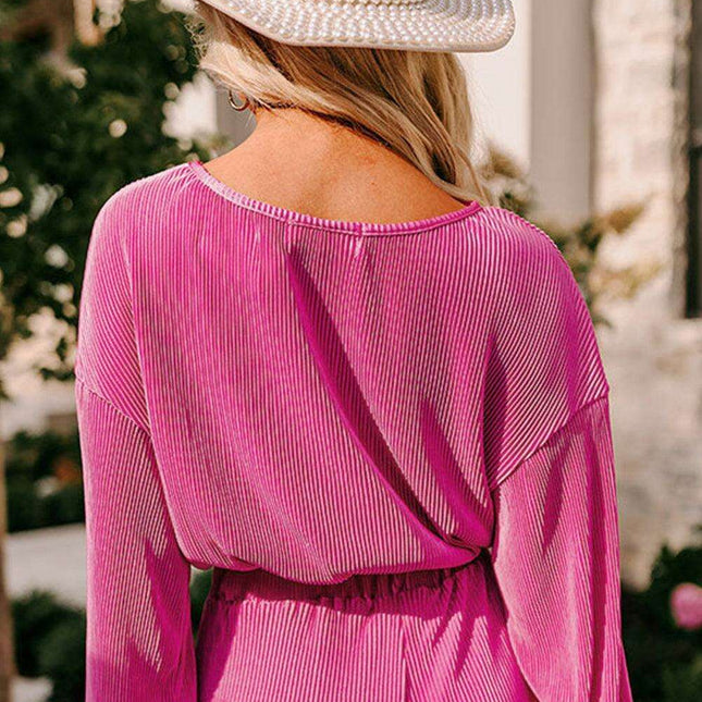 Rose Red Distressed Denim Crop Top and Wide Leg Pants Outfit