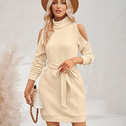 Round neck shoulder cutout tie waist dress - Très Elite