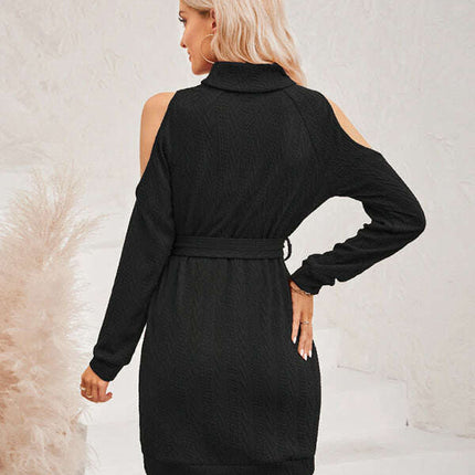 Round neck shoulder cutout tie waist dress - Très Elite