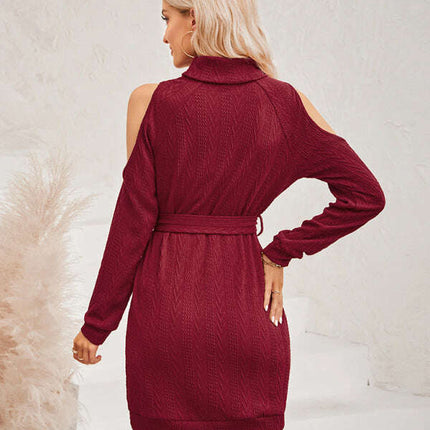 Round neck shoulder cutout tie waist dress - Très Elite