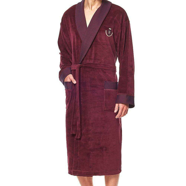 Royal Burgundy Velour Men's Bathrobe with Crown Embroidery
