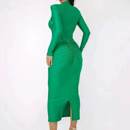 Ruched Maxi Dress with Hollow Out Long Sleeves and Metal Buckle - Très Elite