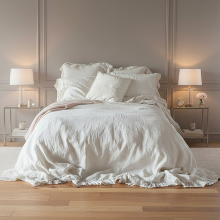 Ruffled White Washed Linen Duvet Cover