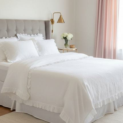 Ruffled White Washed Linen Duvet Cover