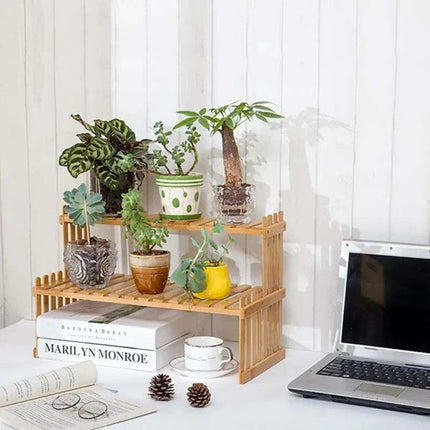 Rustic 2-Tier Bamboo Plant Stand – Stylish Indoor Organizer for Succulents and Greenery - Très Elite