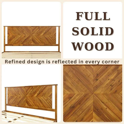 Rustic Golden Brown Acacia Wood Queen Bed Frame with Herringbone Headboard- Très Elite- Très Elite