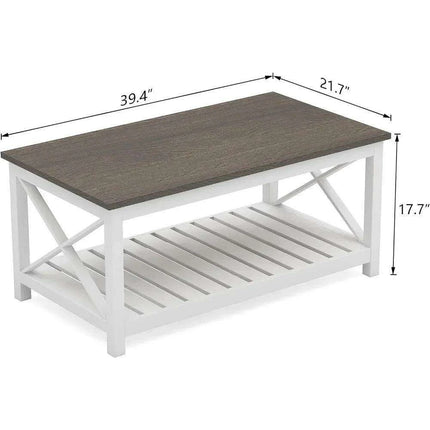 Rustic White Coffee Table with X-Cross Design and Storage Shelf - Easy to Assemble & Built to Last - Très Elite
