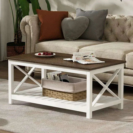 Rustic White Coffee Table with X-Cross Design and Storage Shelf - Easy to Assemble & Built to Last - Très Elite
